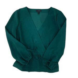 J. Crew Drapey Crepe Faux Wrap Top - Sz. 6 - Green Blouse with Tie, Zipper - EUC